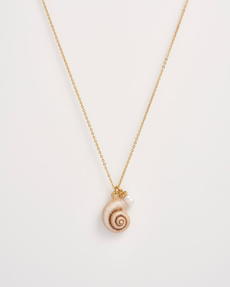 Sea Snail Shell and Pearl Worn Gold Short Necklace