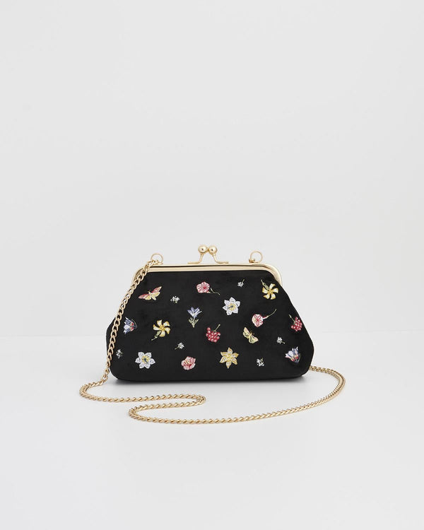 Bolso Terciopelo Negro Bordado Flores