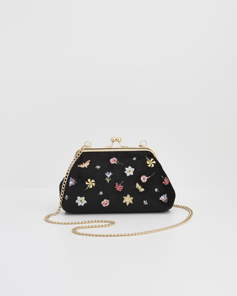 Floral Ditsy Embroidered Black Velvet Clutch Bag