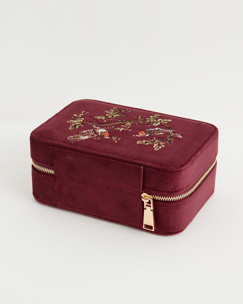 Robin Love Embroidered Large Jewellery Box Redcurrant Velvet