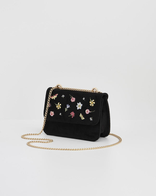 Bolso Terciopelo Negro Bordado Flores