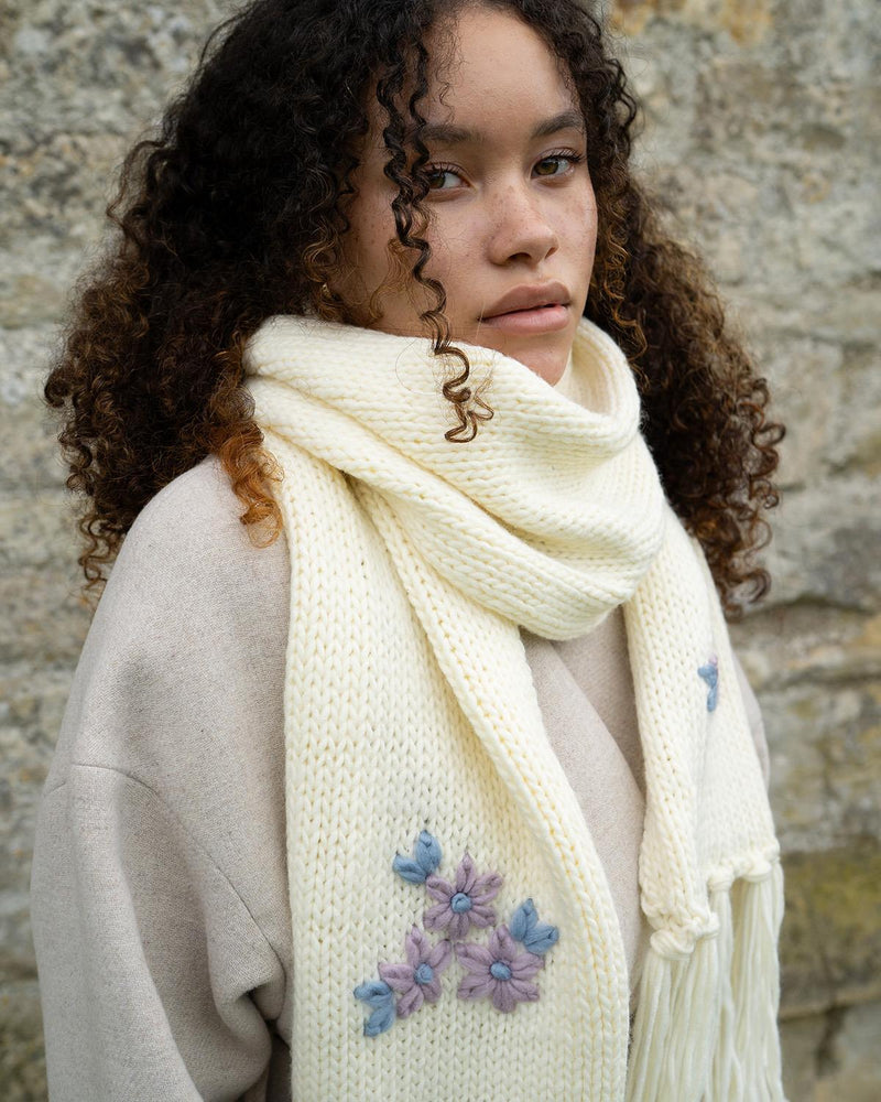 Forget-Me-Not Knitted Cream Scarf