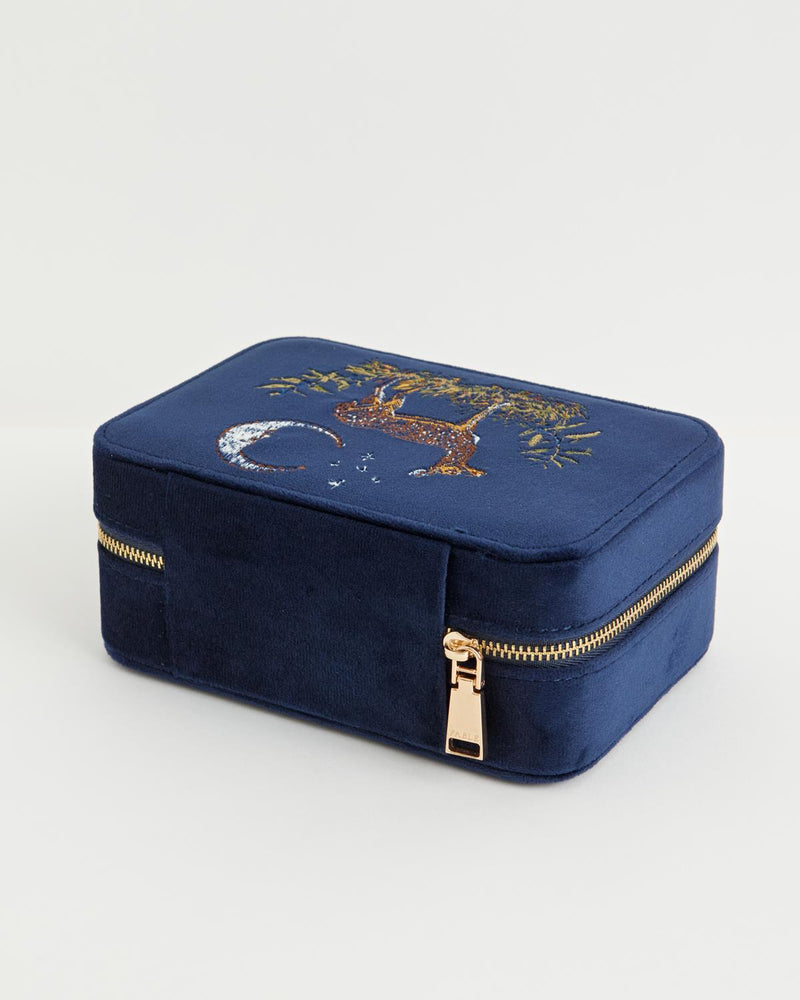 Deer & Moon Embroidered Large Jewellery Box Blueberry Velvet