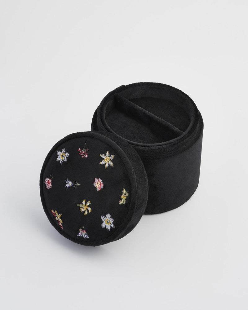 Floral Ditsy Embroidered Black Velvet Jewellery Box