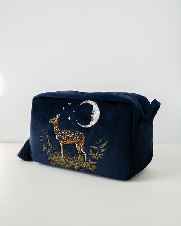 Deer & Moon Embroidered Pouch Blueberry Velvet