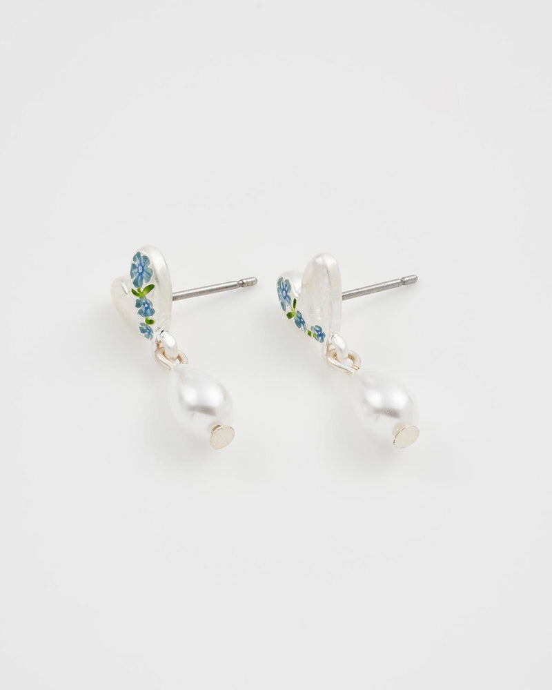 Forget Me Not Heart & Pearl Silver Earrings