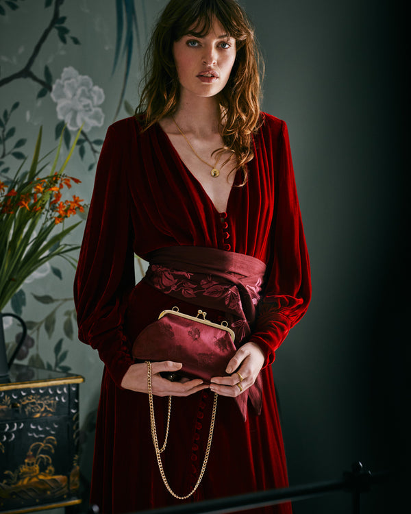 Victoriana Embroidered Burgundy Satin Clutch Bag