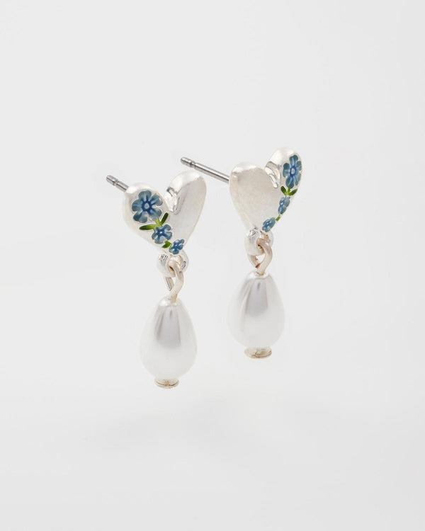 Forget Me Not Heart & Pearl Silver Earrings