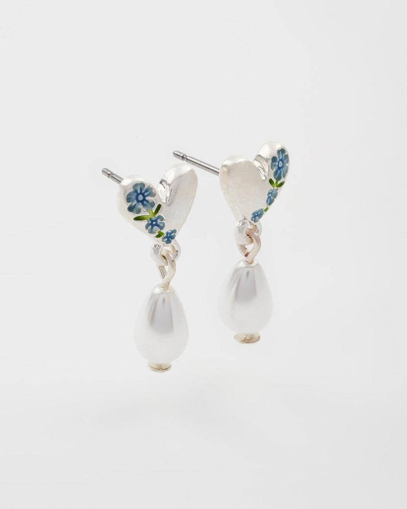 Forget Me Not Heart & Pearl Silver Earrings