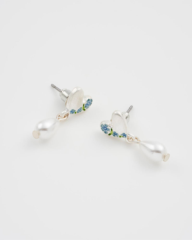 Forget Me Not Heart & Pearl Silver Earrings