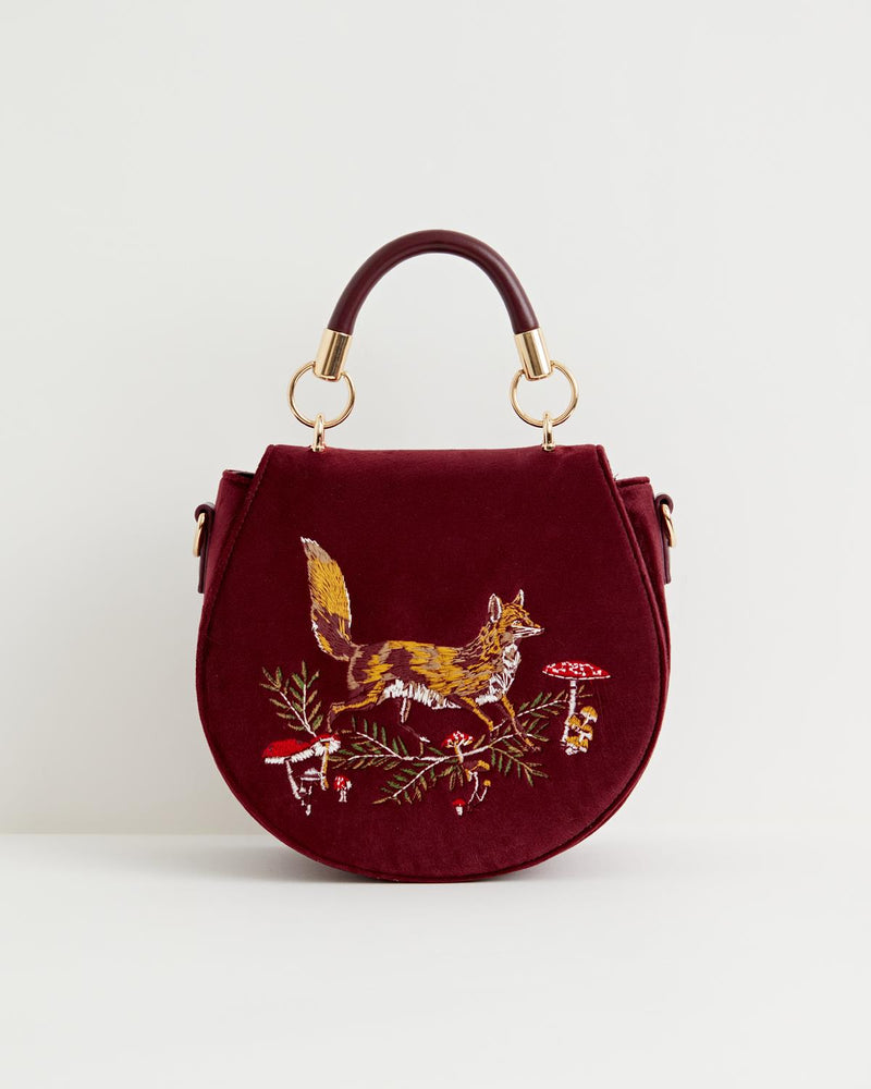 Fox & Mushroom Embroidered Saddle Bag - Redcurrant Velvet