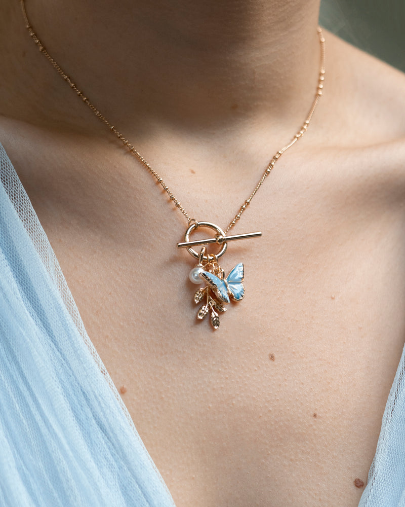 Enamel Blue Butterfly & Leaf Charm Necklace